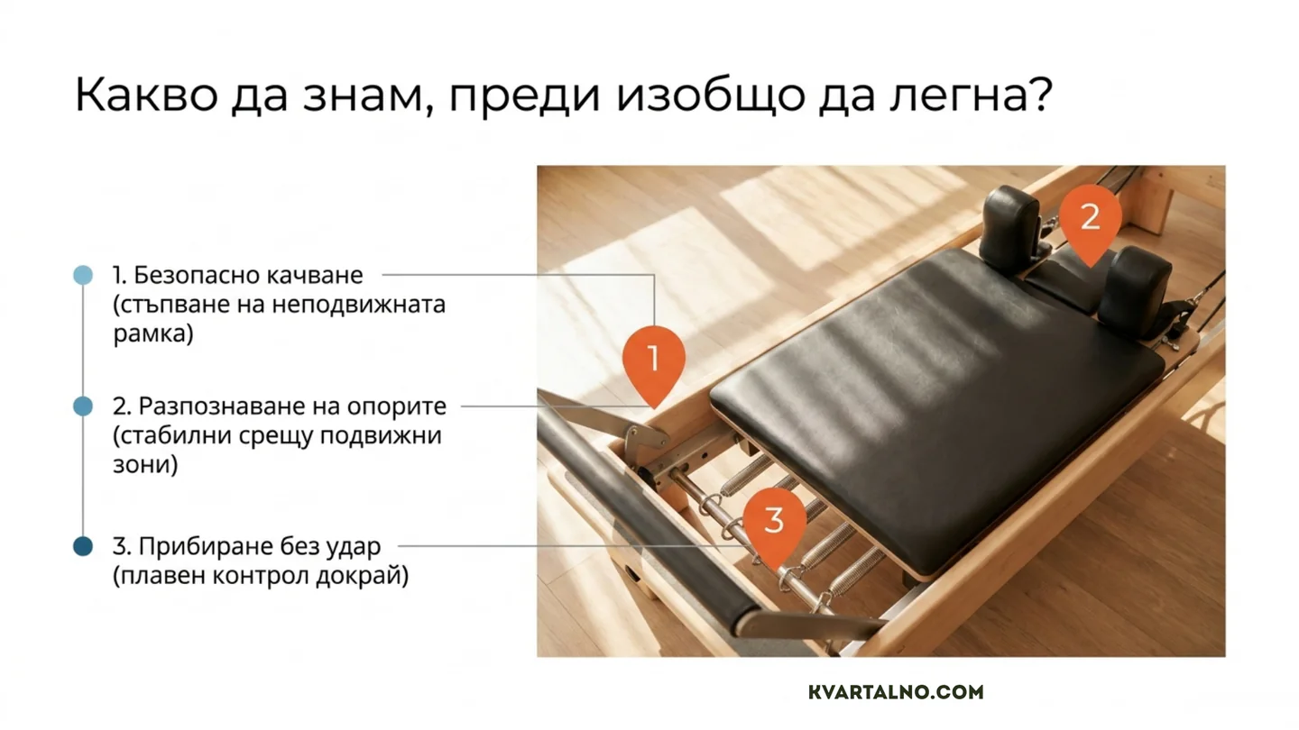 Инфографика за безопасност преди първо упражнение на reformer: качване, стабилни опори и контролирано връщане на платформата