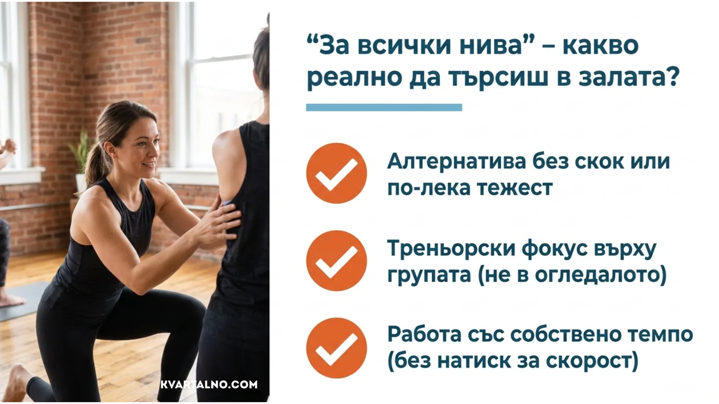 Критерии за групов клас за всички нива: по-леки варианти, наблюдение от инструктора и лично темпо