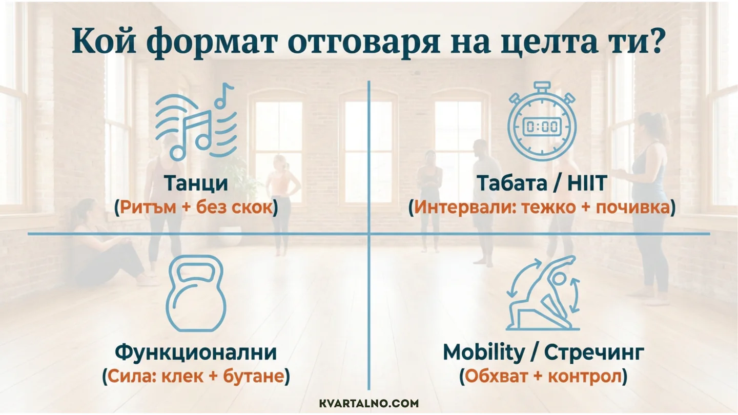 Сравнение на групови тренировки според целта: танци, табата и HIIT, функционални класове, mobility и стречинг