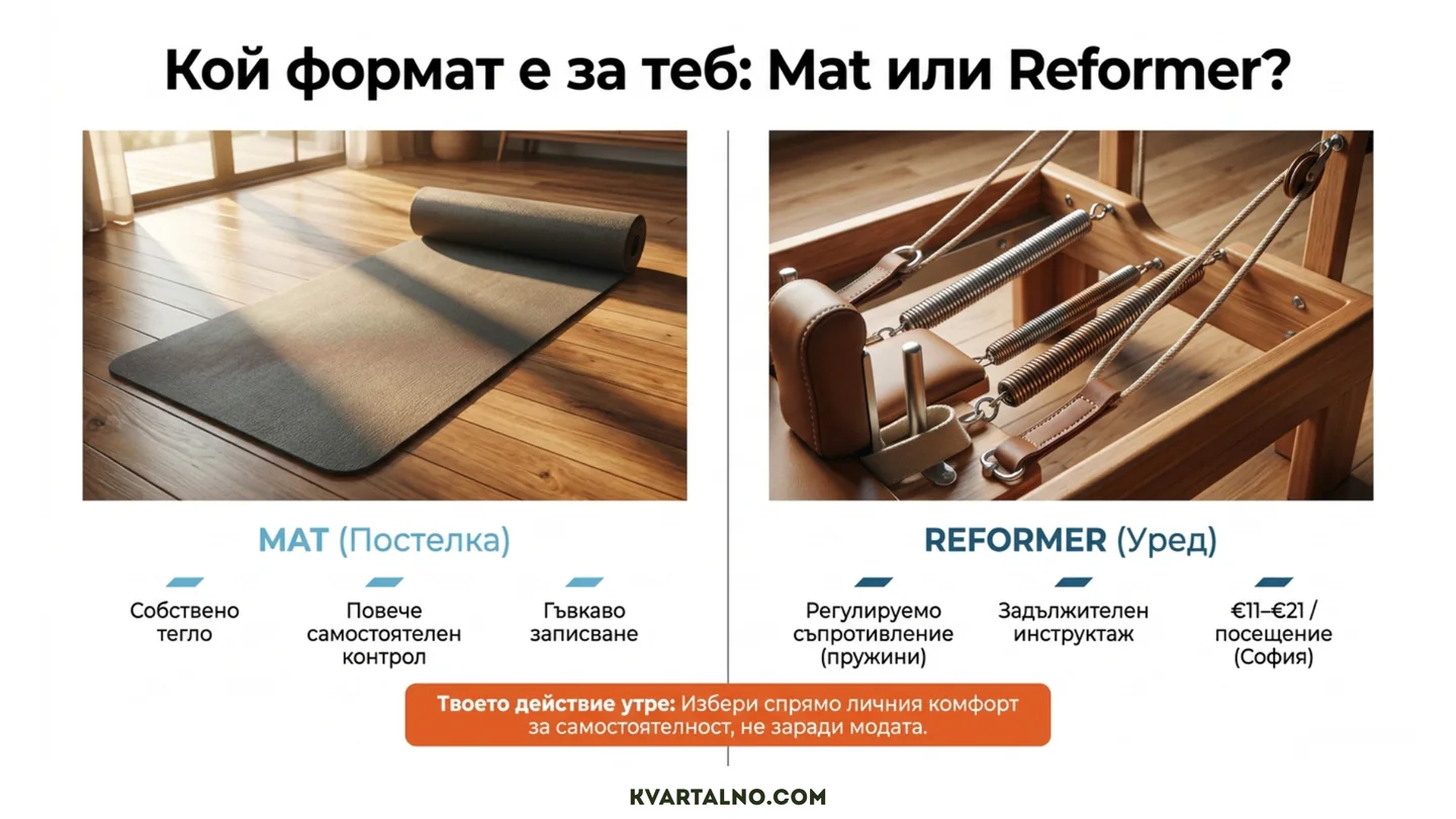 Инфографика за сравнение между Mat Pilates на постелка и Reformer Pilates на уред според контрола, съпротивлението и начина на записване