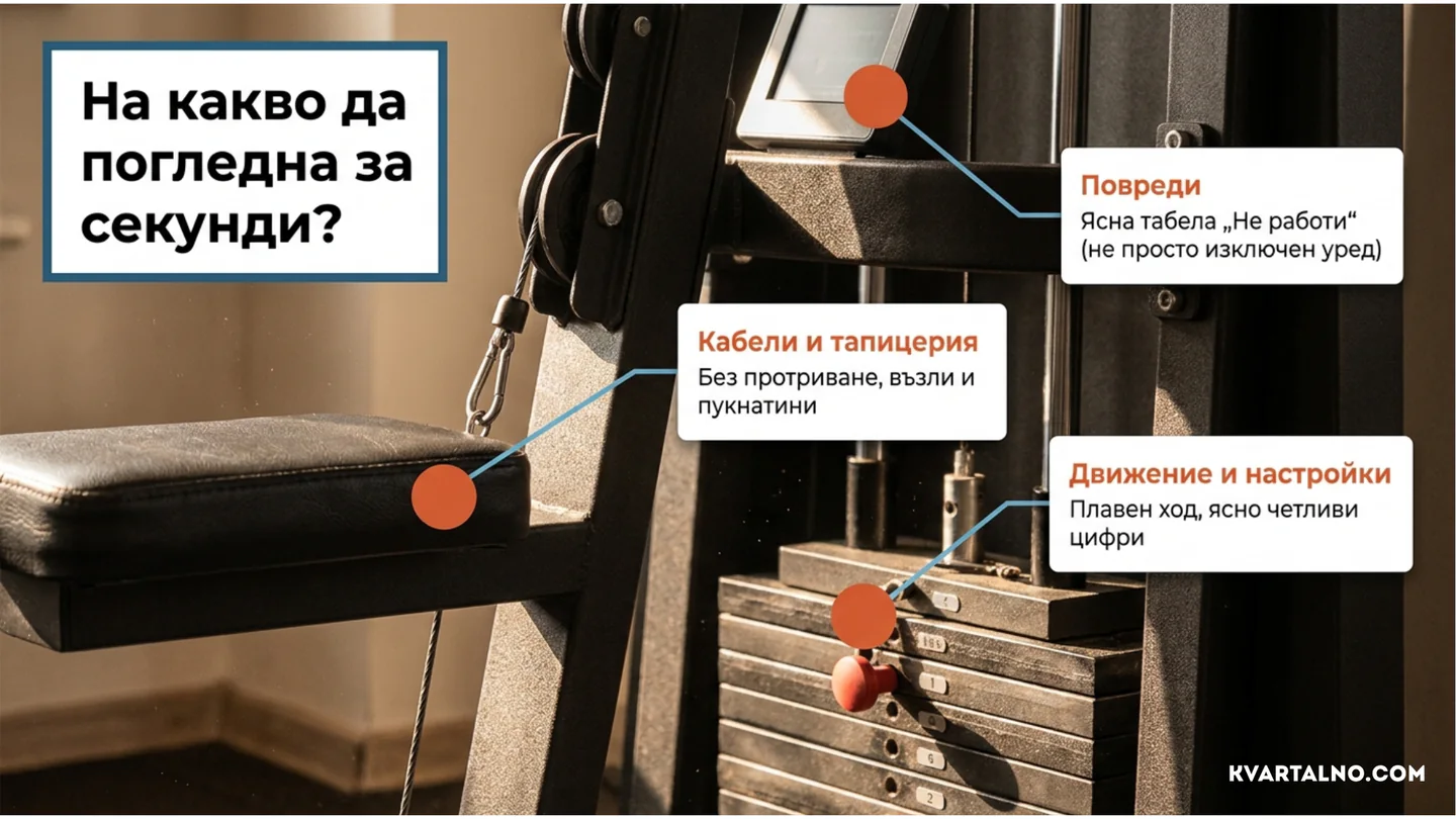 Инфографика за бърза проверка на фитнес уред: кабели, тапицерия, плавно движение, четливи настройки и обозначаване на повреди