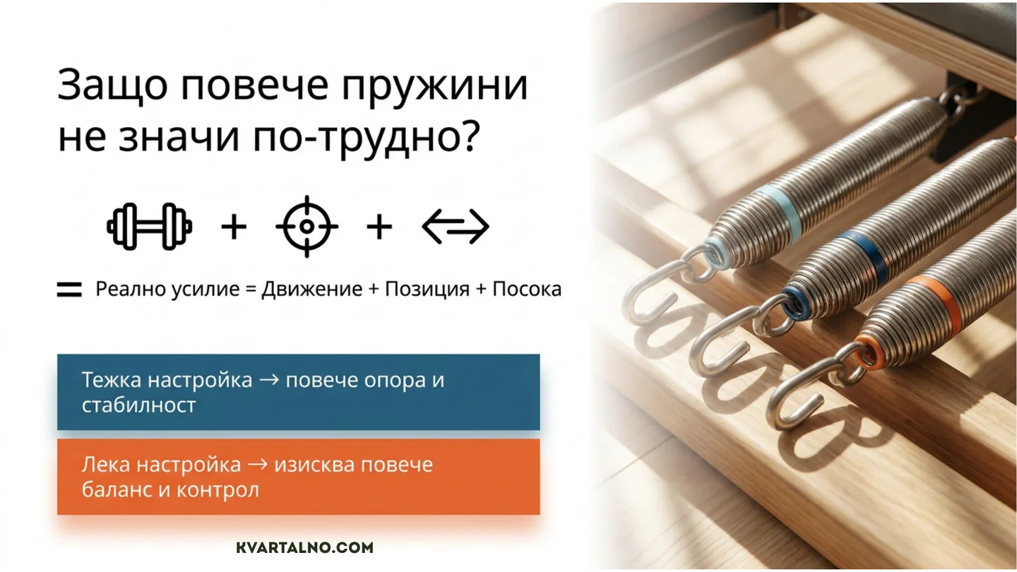 Инфографика за съпротивлението на reformer: броят пружини, движението, позицията и посоката заедно определят реалното усилие