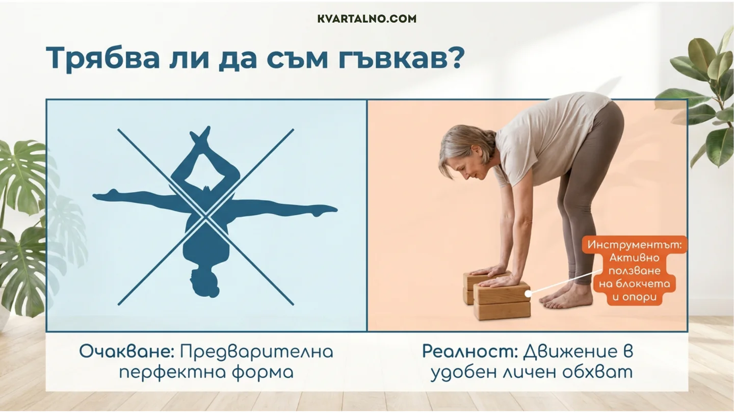 Йога за начинаещи без изискване за предварителна гъвкавост и с използване на блокчета и опори